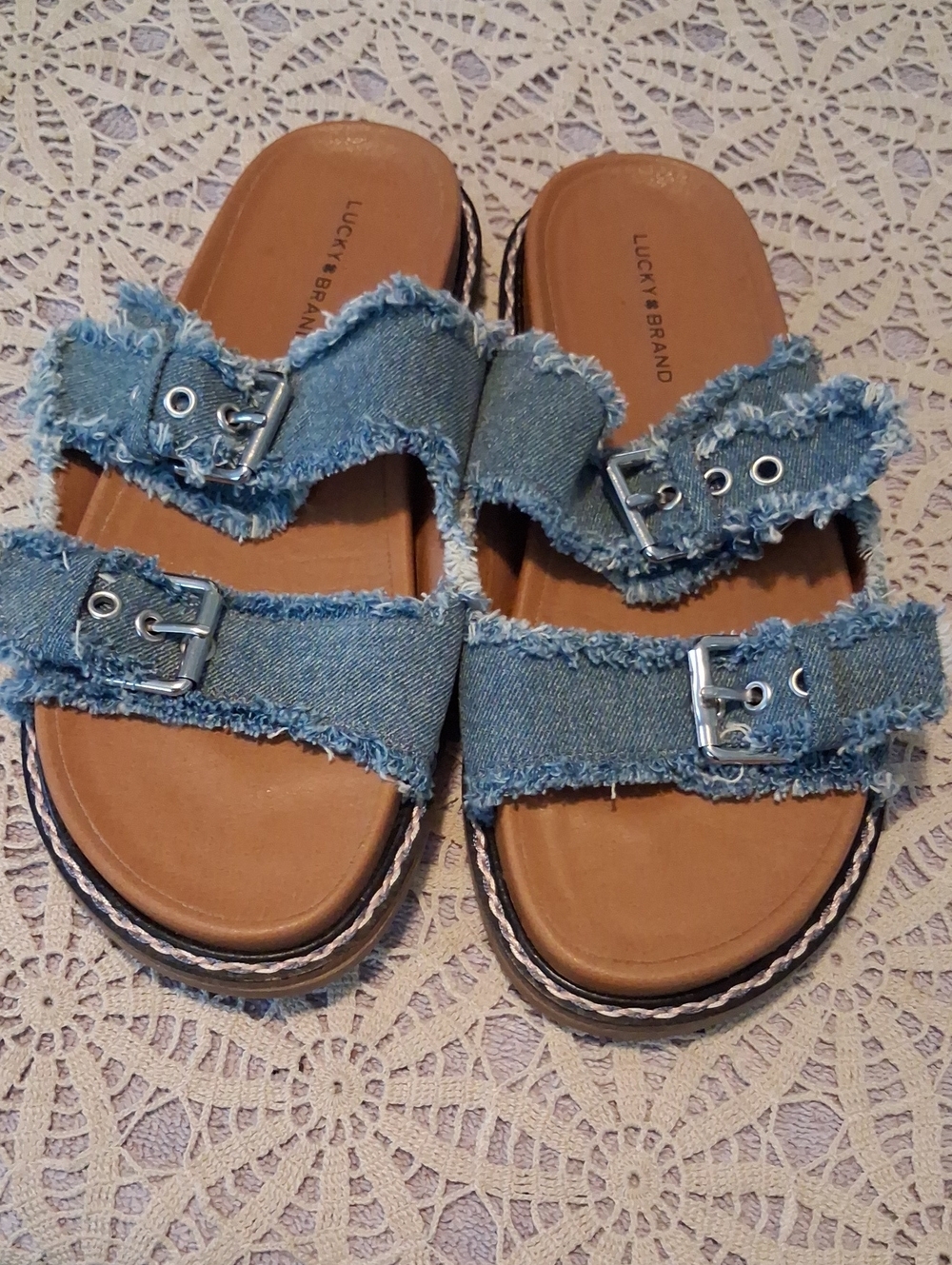 Lucky Brand Kids Frayed Denim Double-Buckle Slide Sandals - Blue